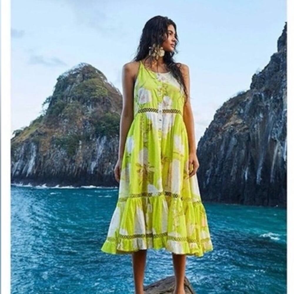 Farm Rio Lime Green Tiered Swiss Dot Flowy Midi Dress, Breezy Coastal, Large